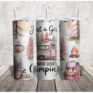 Camping Themed Tumbler with Pink and White Design